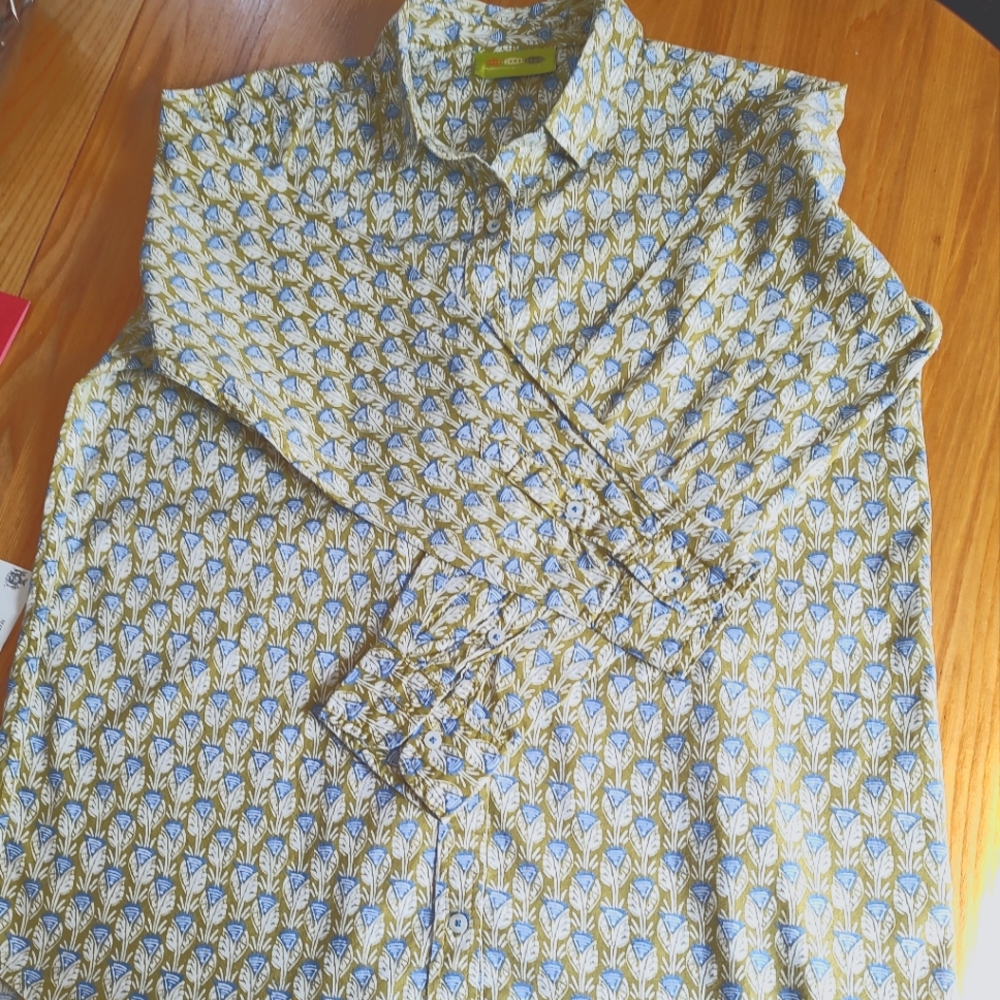 M olive green and royal blue button up